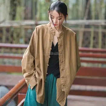 2023 jar jeseň čínsky štýl, ženy blúzka bielizeň stojan golier disk pracky kabát bat rukáv bavlnená posteľná bielizeň voľné ležérny top s41