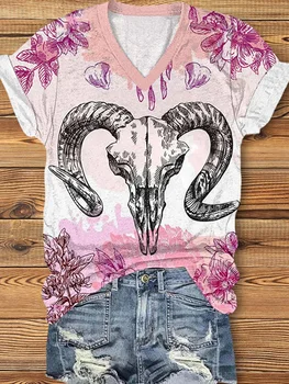 2023 Jeseň Zima Kvetinový Vola Západnej Lebky Krátke Rukáv V Krku T-Shirt Tee Streetwear Žena Príležitostné Voľné Oblečenie Pre Ženy