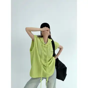 Americký Streetwear Ženy Top s Kapucňou, Vyšívané Vesta bez Rukávov Voľné Bežné Neon Žltá Zrastov Vrchole Letné Fashion T-shirt Ženy