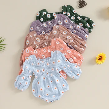 Baby Dievčatá Ruched Romper Daisy Tlač Dlhý Rukáv Kombinézach pre Novorodenca Batoľa Roztomilý Oblečenie