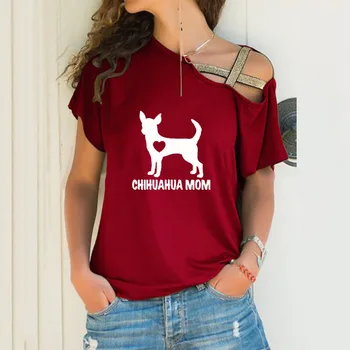 Chihuahua Psa Karikatúra Tlače Ženy Voľné Nepravidelný T-shirt Lete Milovník Zvierat Darček Sexy Skosenie Krku Kríž Obväz Topy pre Ženy