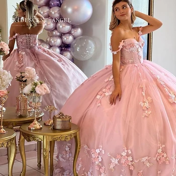 DÚHOVÉ Ružová plesové Šaty Ramena 3D Kvety 15 Rok Starý Quinceanera Šaty Korálkové Čipky Späť Dievčatá Narodeninovej Party
