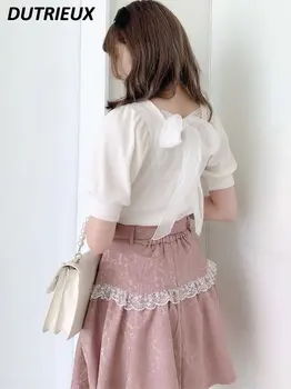 Japonský Štýl Lolita T-Shirt Dievčatá Sladké Späť Veľký Luk Stuhou Okolo Krku Lístkového Slim Fit Krátky Rukáv T Shirt Ženy Kawaii Oblečenie