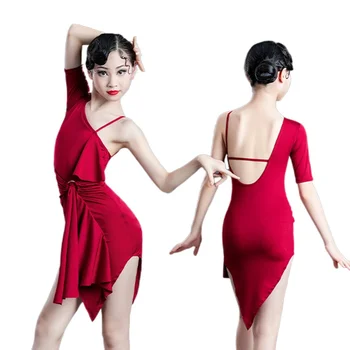 Jeden Rukáv Latinské Tanečné Šaty Dievčatá Tango Rumba, Tanečné Oblečenie Červené Šaty ChaCha Výkon Kostým Praxi Nosenie