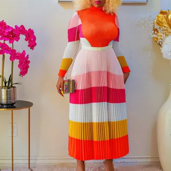 Jeseň ženy elegantné skladaný tlač sukne dvoch-dielny módne kontrastné farby dlhým rukávom slim top rainbow pol sukne 2 dielna sada