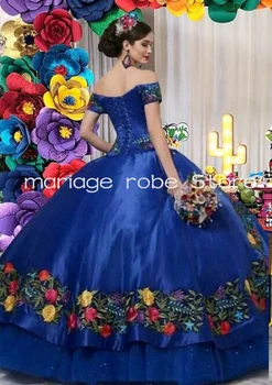 Kráľovská Modrá Mimo Ramenný Mexickej Charro Quinceanera Šaty Kvetinové Výšivky Krajky-up Korzet Prom vestido debutantes 15 anos