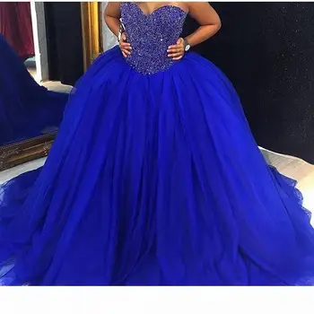 Kráľovská Modrá Opuchnuté Tylu Ples Svadobné Svadobné Šaty Milú Crystal Korálkové Plus Veľkosť Quinceanera Šaty Vlastné