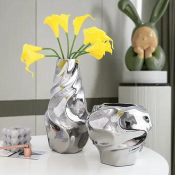 Kvety, Vázy Pokovovanie Silver, Keramické Kvetinové Vázy Nordic Výzdoba Domov Obývacia Izba Stole Váza Moderný Office Svadobné Rastlín Váza