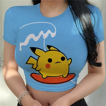 Módne Letné Krátke Sleeve Tee Y2k Topy, tričká Orezať Začiatok Nového Pokémon Pikachu Kawaii T-shirt O Krk 2023 Žena Oblečenie Pikachu