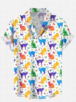 Módne Leto Rainbow Farebné Mačka A Motýľ Siluetu Tlač Krátke Rukáv Tričko 3D Havajské Košele