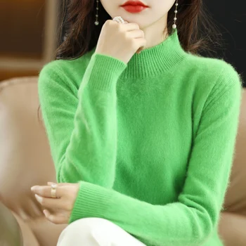 Nové 100% noriek cashmere sveter s pol-vysoká krku a pulóver bežné pletenie módne teplé voľné top kórejská verzia