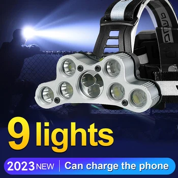 Nové Prírastky 9 Svetlá LED Svetlometov 3*18650 Batérie Nabíjateľné Led Hlavu Baterka Vedúci svetlo Lanterna Rybárske Pochodeň Baterka