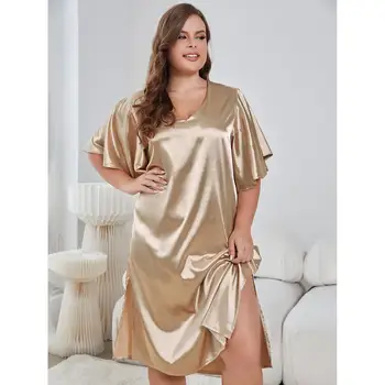 Plus Veľkosť Sleepwear Šaty V Hrdlom pre Ženy Pajama Rozstrapatené Krátke Rukávy Strane Split oblečenie pre voľný čas Ženský Odev Plavky 2023