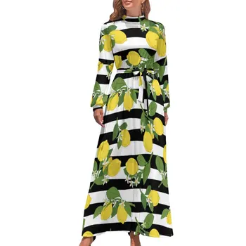 Pruhy Šaty Vysoký Pás Prekladané Žlté Citróny Tlač Plážové Šaty S Dlhým Rukávom Street Fashion Dlho Maxi Šaty Módne Oblečenie