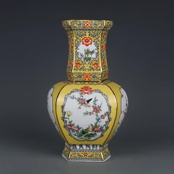Qianlong Smalt Žltý Kvet, Vták Vzor Námestie Vasw Jingdezhen Starožitný Porcelán Bytové Zariadenie, Starožitnosti