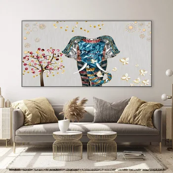 Smalt Vytlačené Slon Kôň Strom Nordic Plátno na Maľovanie Plagátu a Tlač Wall Art Obrázok pre Obývacia Izba Domova Bez Rámu