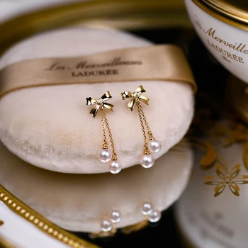 Svetlo Luxusné Earings Romantické a Elegantné Bowknot Dlhý Strapec Pearl Náušnice pre Ženy Striebro Kreatívne Svadobné Šperky