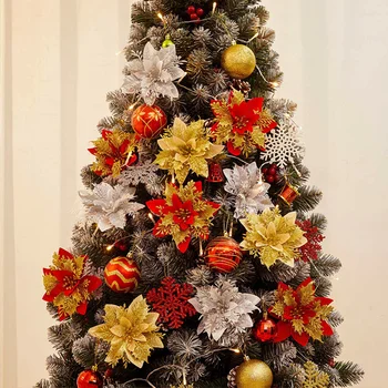Umelé Kvety, Vianoce Gold Glitter Kvet Hlavu Poinsettia Kvet Vianočný Strom Decor Kvety Nový Rok Party Domáce Dekorácie