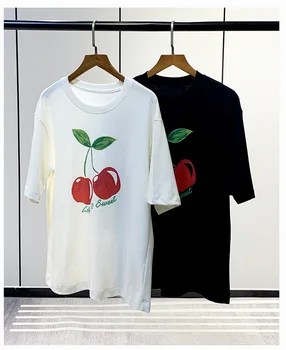 Ženy T-shirt 2023 Jar a v Lete Nové Cherry Tlač-Krátke rukávy Okrúhle Krčný Voľné T-shirt 2 Farby